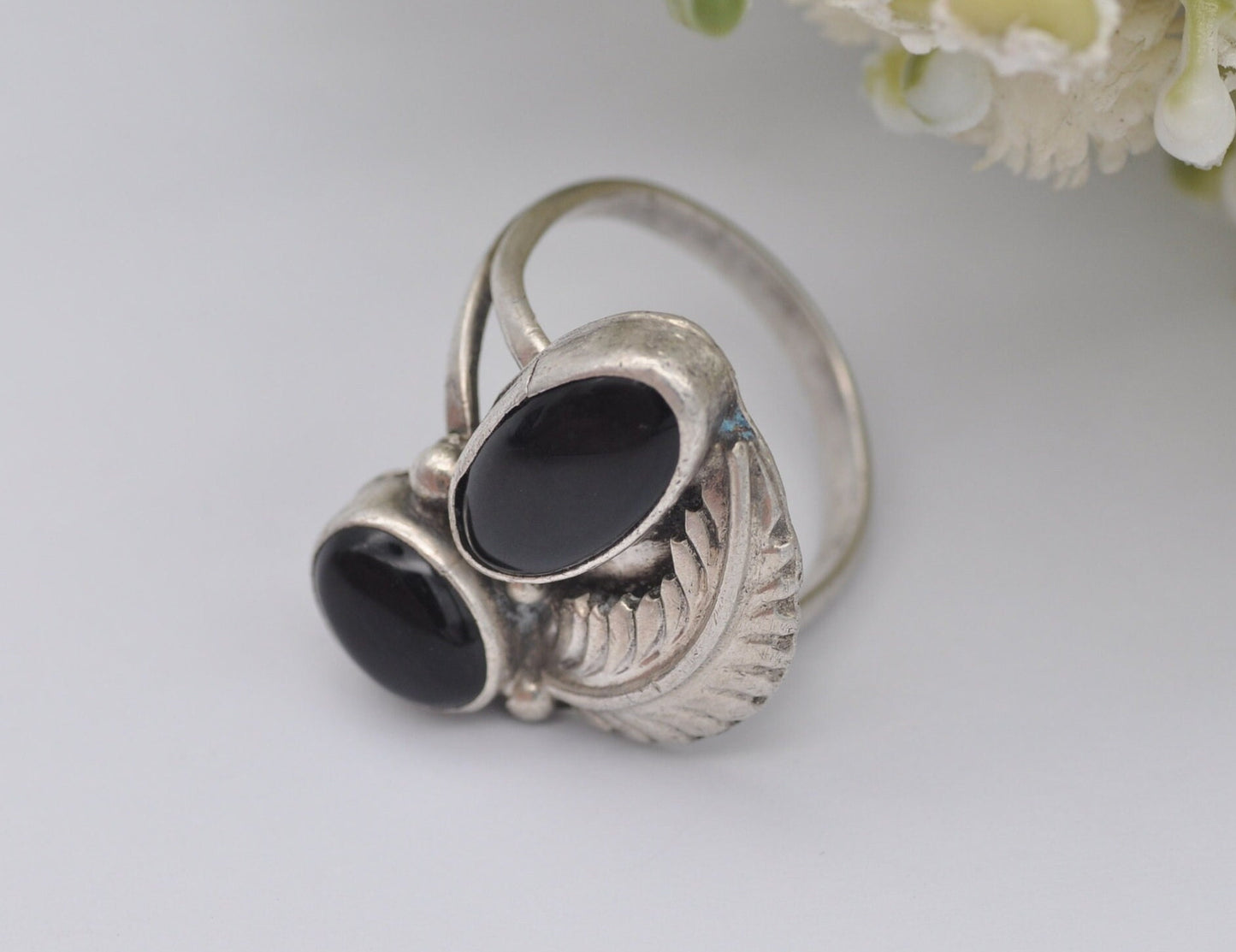 Vintage Navajo Sterling Silver Onyx Ring by Arnold Maloney - Double Onyx Feather / Ornate Cocktail / Black Stone / UK Size - O / US Size - 7