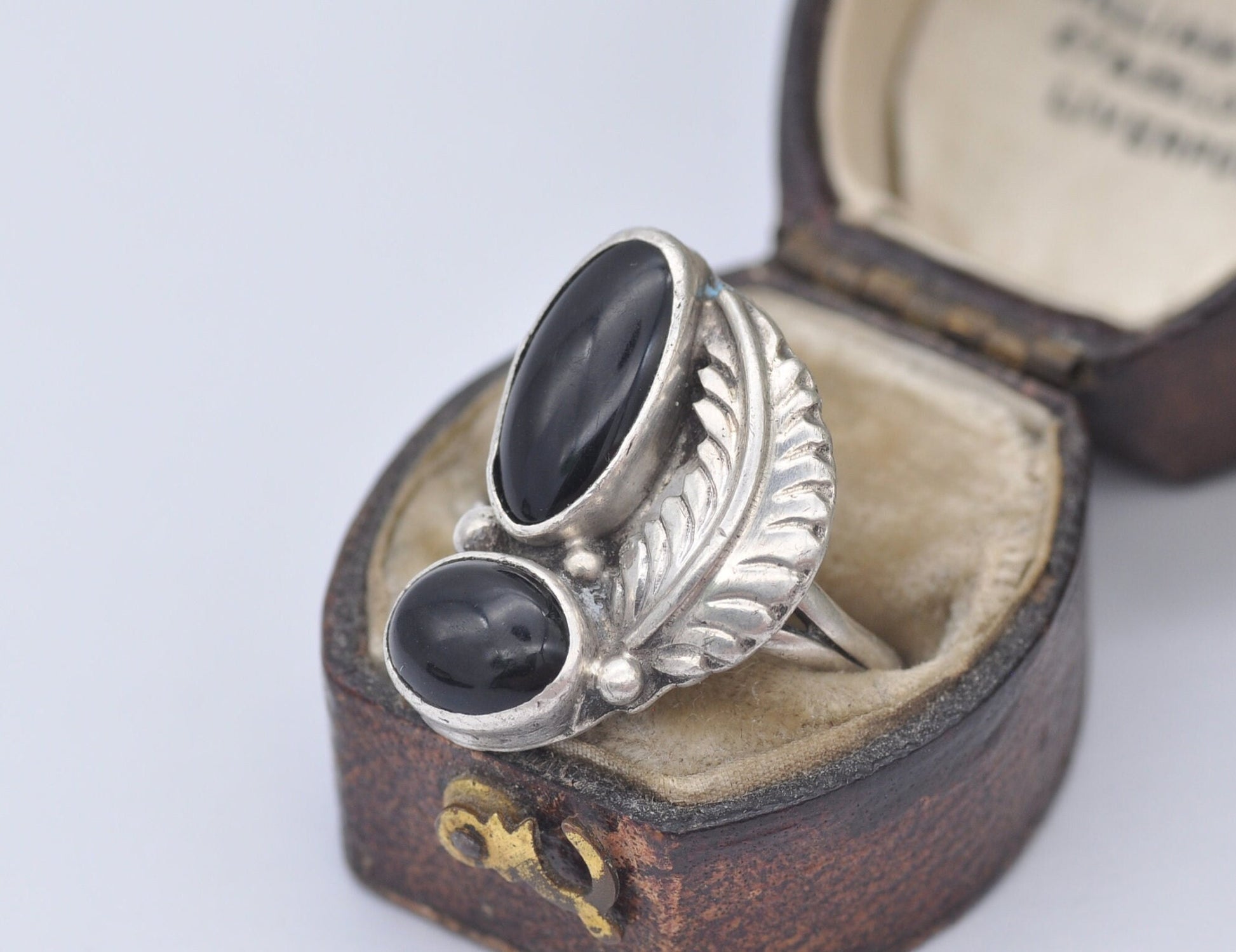 Vintage Navajo Sterling Silver Onyx Ring by Arnold Maloney - Double Onyx Feather / Ornate Cocktail / Black Stone / UK Size - O / US Size - 7