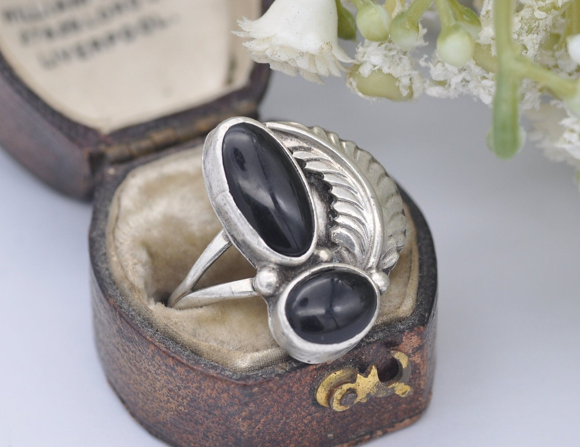 Vintage Navajo Sterling Silver Onyx Ring by Arnold Maloney - Double Onyx Feather / Ornate Cocktail / Black Stone / UK Size - O / US Size - 7