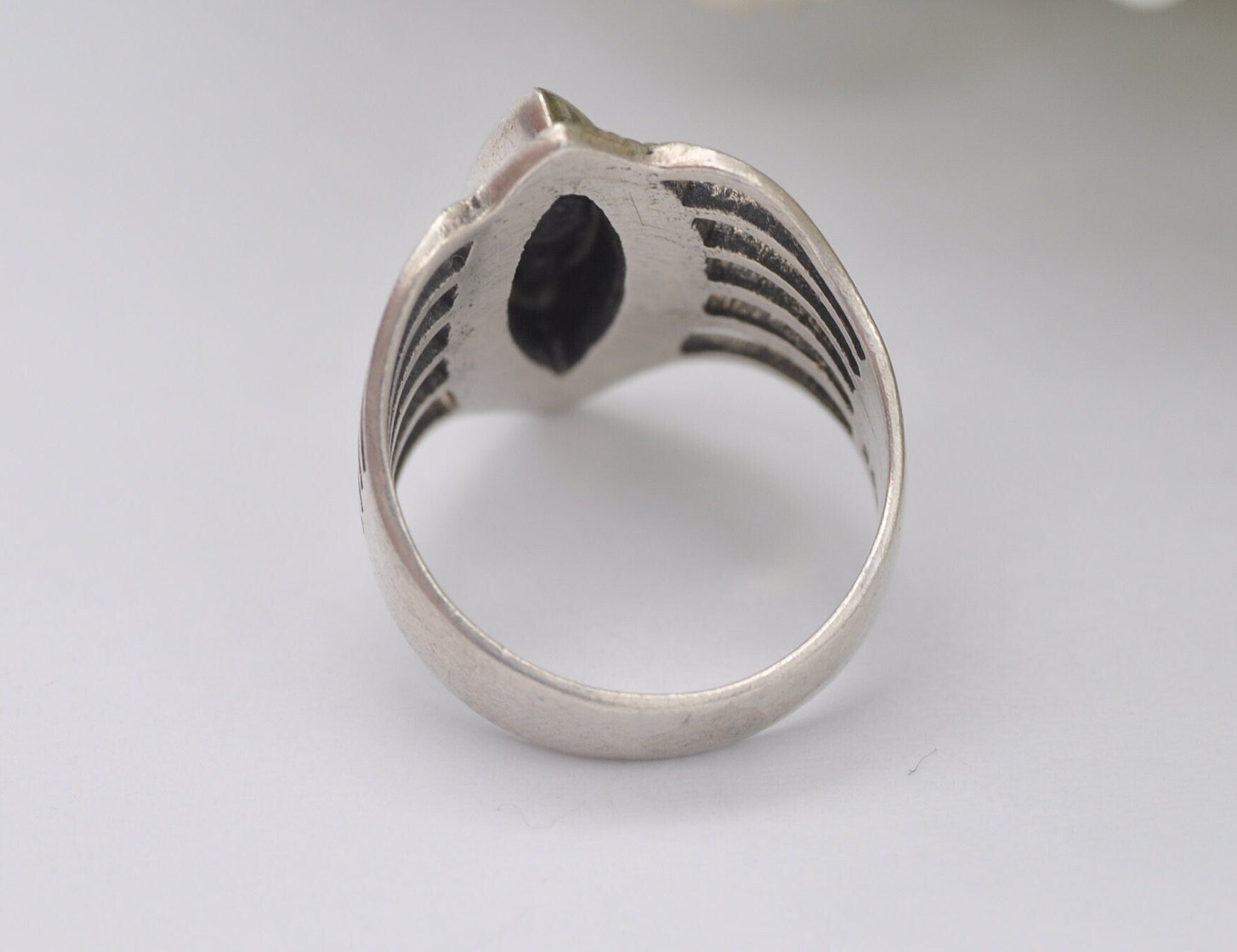 Silver Onyx and Marcasite Ring - Vintage Art Deco Style / 925 Sterling Silver / Open Work Chunky / Marquise / UK Size - K / US Size - 5 1/4