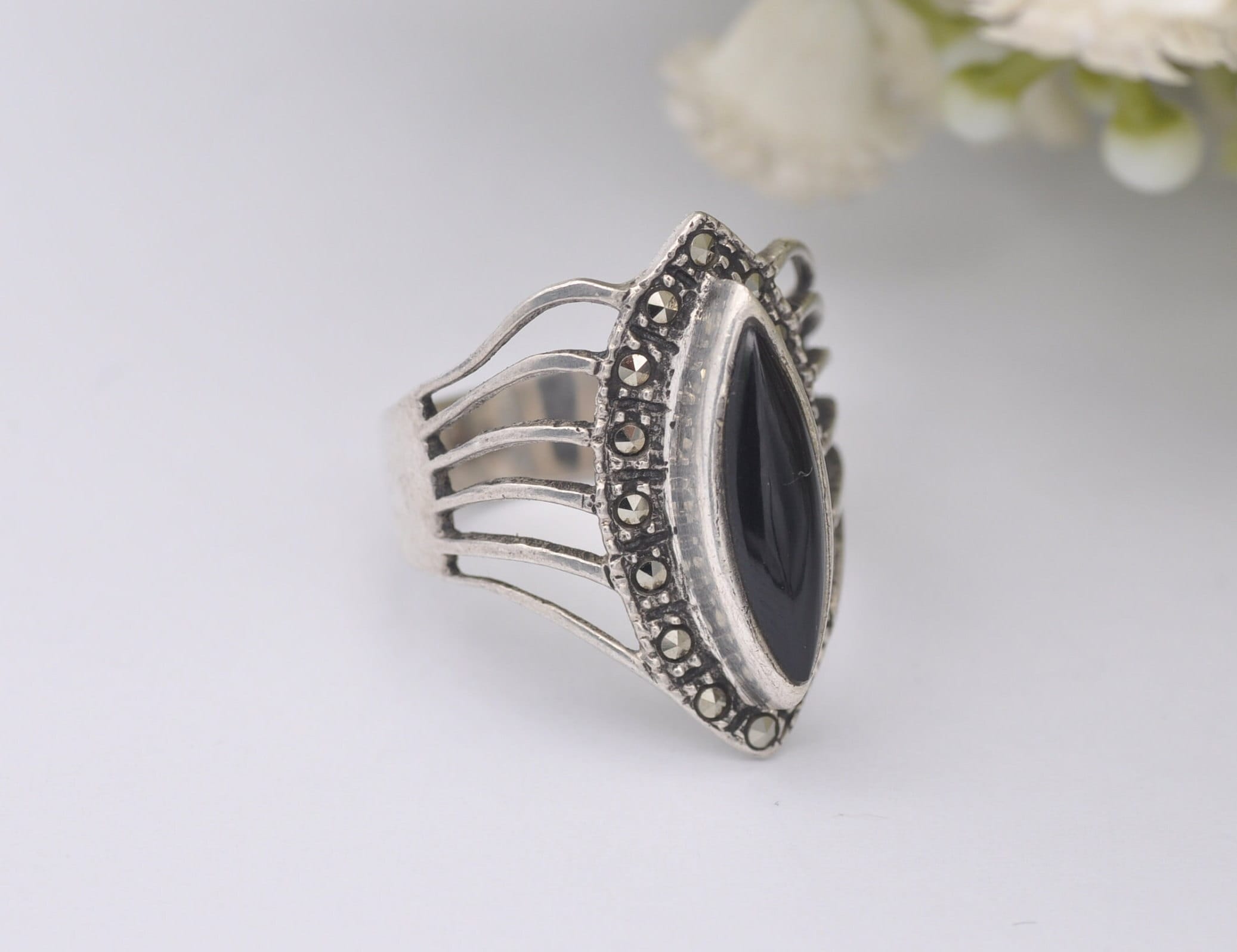 925 Silver Greek Onxy store & Marcasite Ring