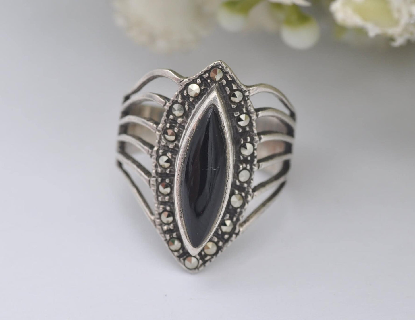 Silver Onyx and Marcasite Ring - Vintage Art Deco Style / 925 Sterling Silver / Open Work Chunky / Marquise / UK Size - K / US Size - 5 1/4