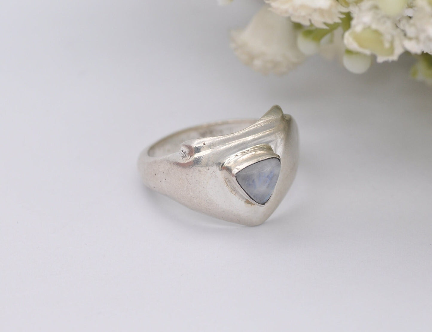 Silver Moonstone Ring Vintage Studio Design - Triangle Cabochon Gemstone | Modernist | Statement Minimal | UK Size - O 1/2 | US Size - 7 1/4