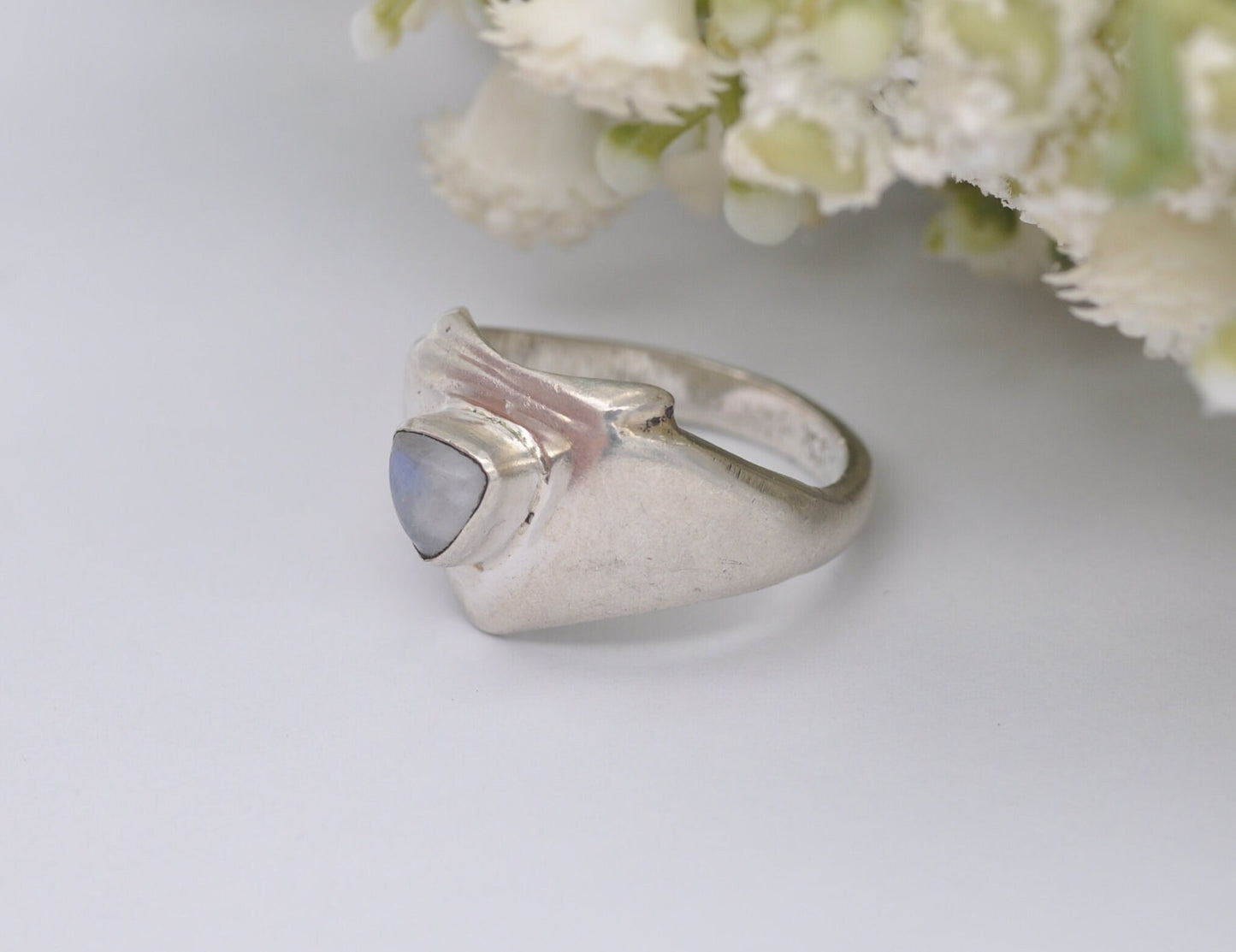 Silver Moonstone Ring Vintage Studio Design - Triangle Cabochon Gemstone | Modernist | Statement Minimal | UK Size - O 1/2 | US Size - 7 1/4