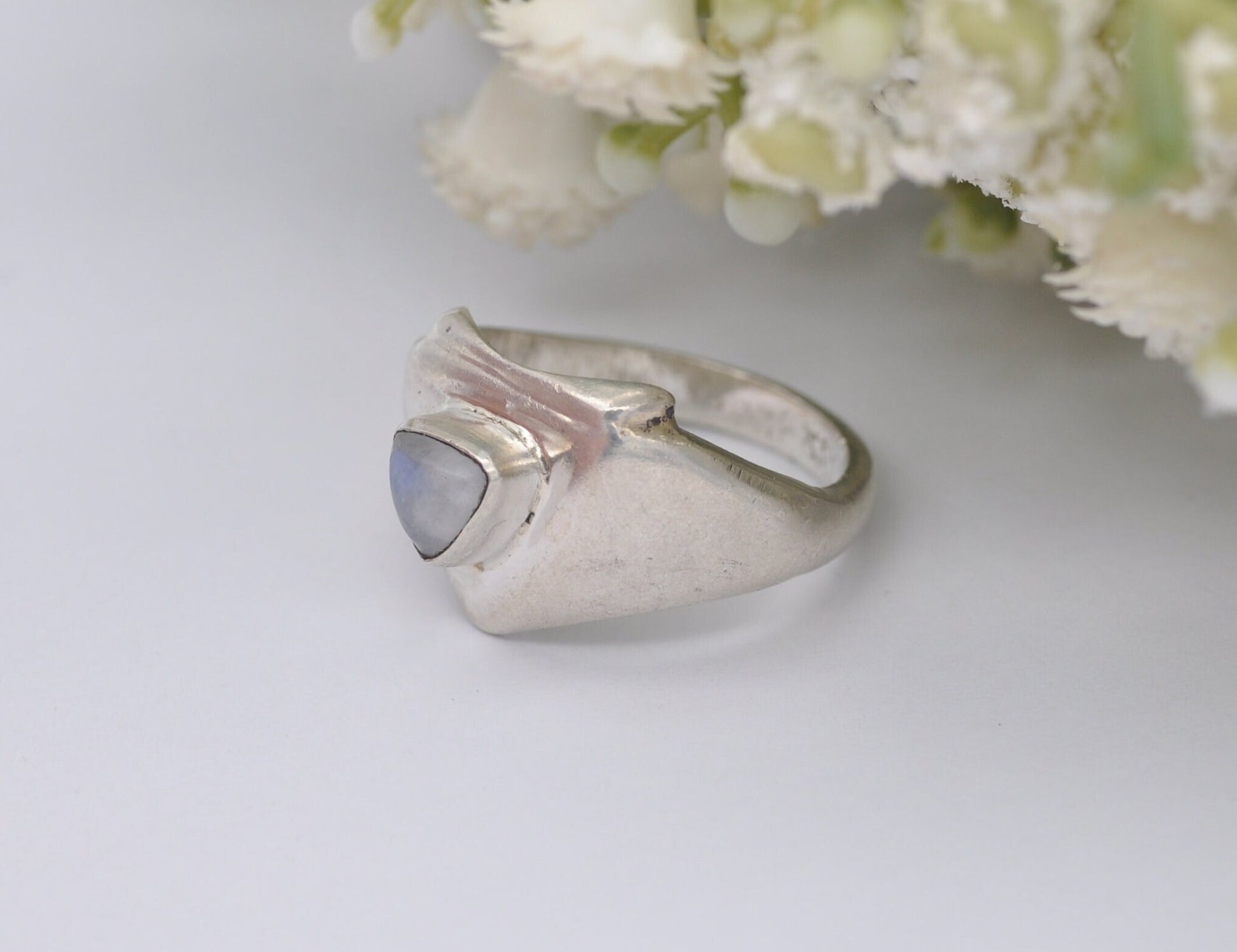 Silver Moonstone Ring Vintage Studio Design - Triangle Cabochon Gemstone | Modernist | Statement Minimal | UK Size - O 1/2 | US Size - 7 1/4