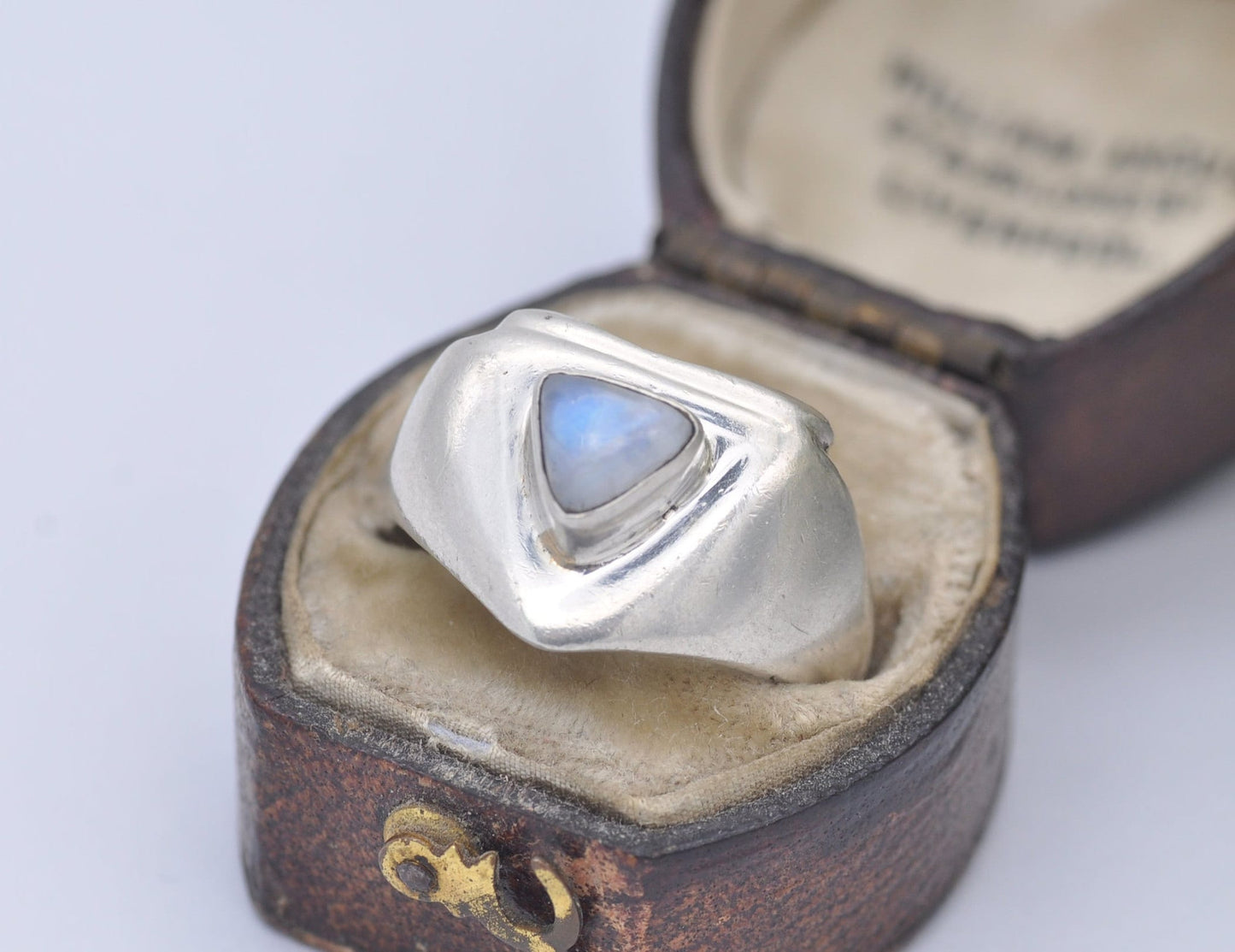 Silver Moonstone Ring Vintage Studio Design - Triangle Cabochon Gemstone | Modernist | Statement Minimal | UK Size - O 1/2 | US Size - 7 1/4