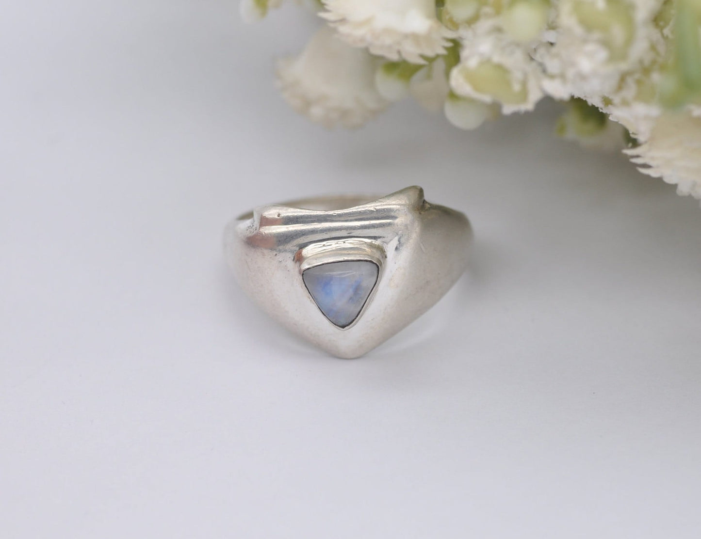 Silver Moonstone Ring Vintage Studio Design - Triangle Cabochon Gemstone | Modernist | Statement Minimal | UK Size - O 1/2 | US Size - 7 1/4