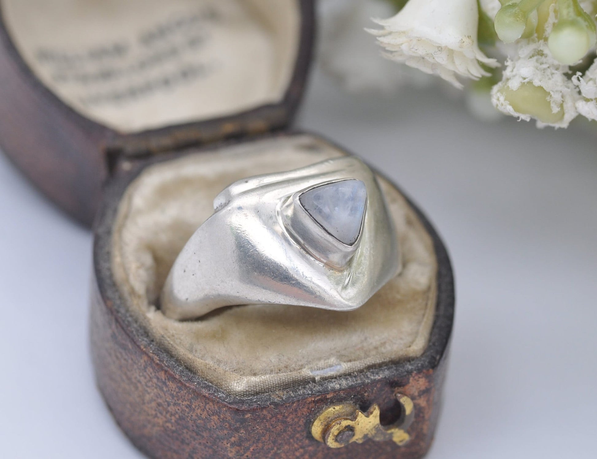 Silver Moonstone Ring Vintage Studio Design - Triangle Cabochon Gemstone | Modernist | Statement Minimal | UK Size - O 1/2 | US Size - 7 1/4