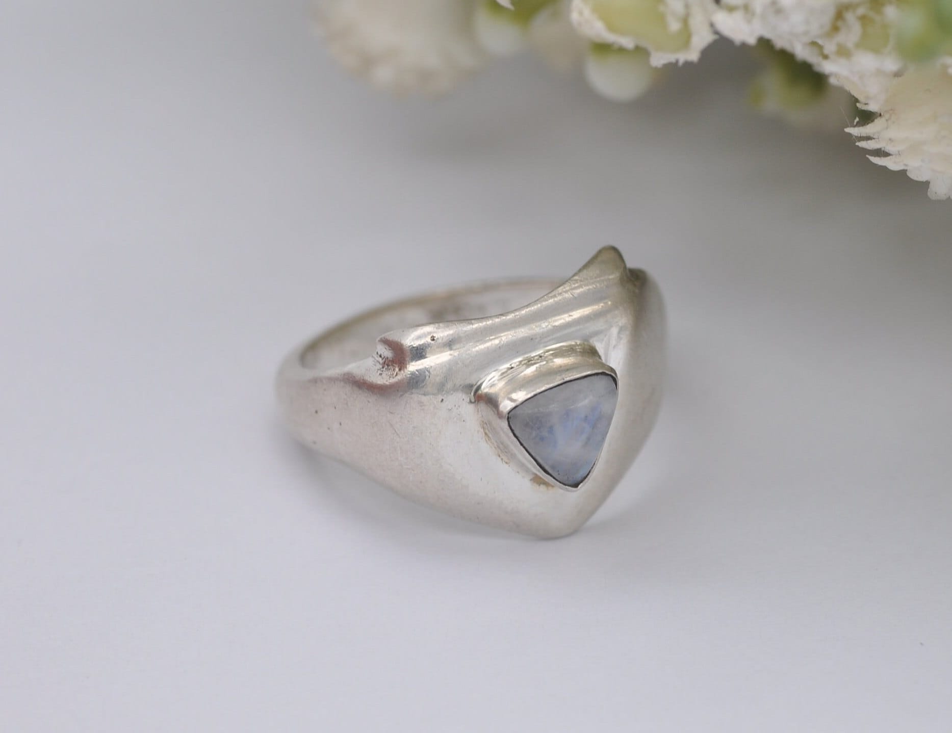 Silver Moonstone Ring Vintage Studio Design - Triangle Cabochon Gemstone | Modernist | Statement Minimal | UK Size - O 1/2 | US Size - 7 1/4