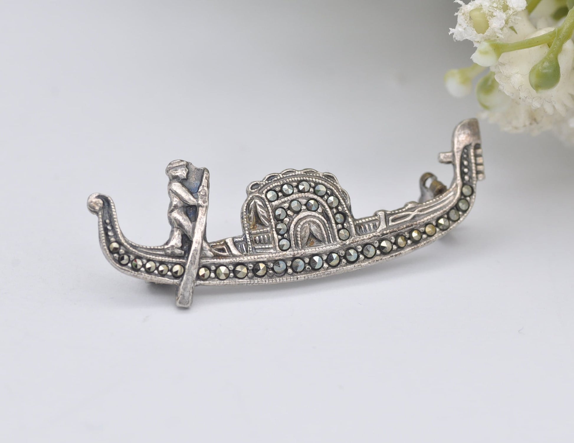 Silver Marcasite Gondola Brooch - Vintage 935 Silver | Art Deco Style | Venice Souvenir | Gondolier | Travel Lover | Bar Brooch | Statement