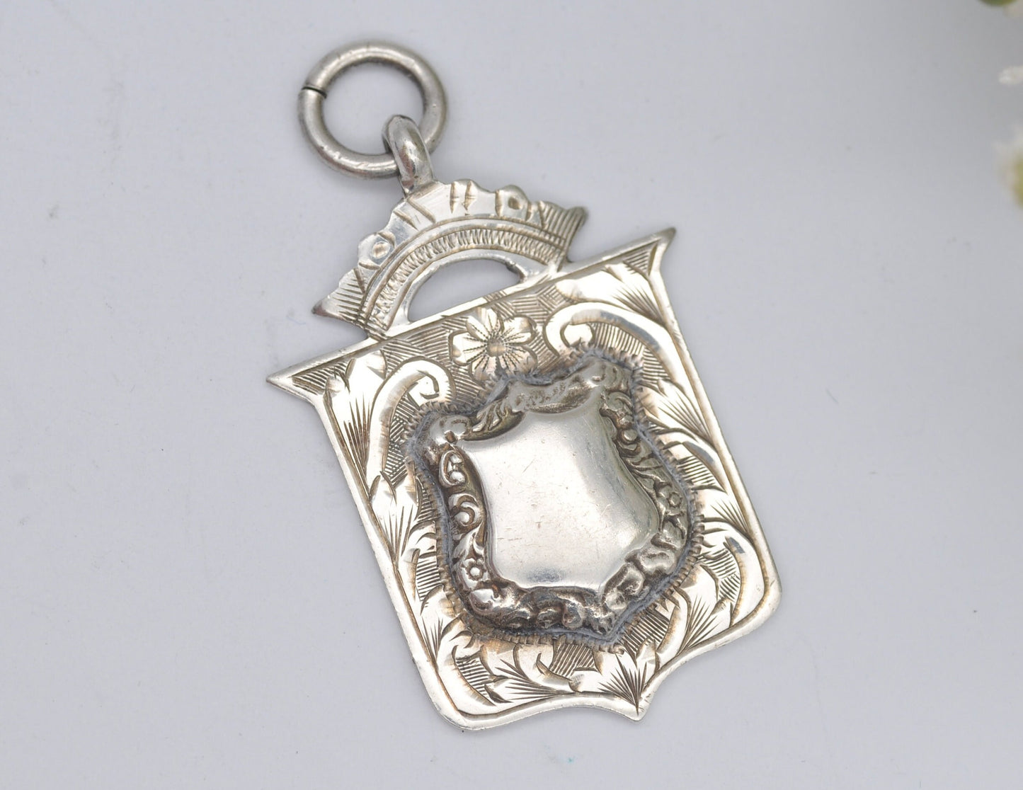 Sterling Silver Fob by James Fenton - True Vintage 1929 | Silver Hallmark | Pocket Watch Fob | Medal | Aesthetic Movement | Flower Engraved