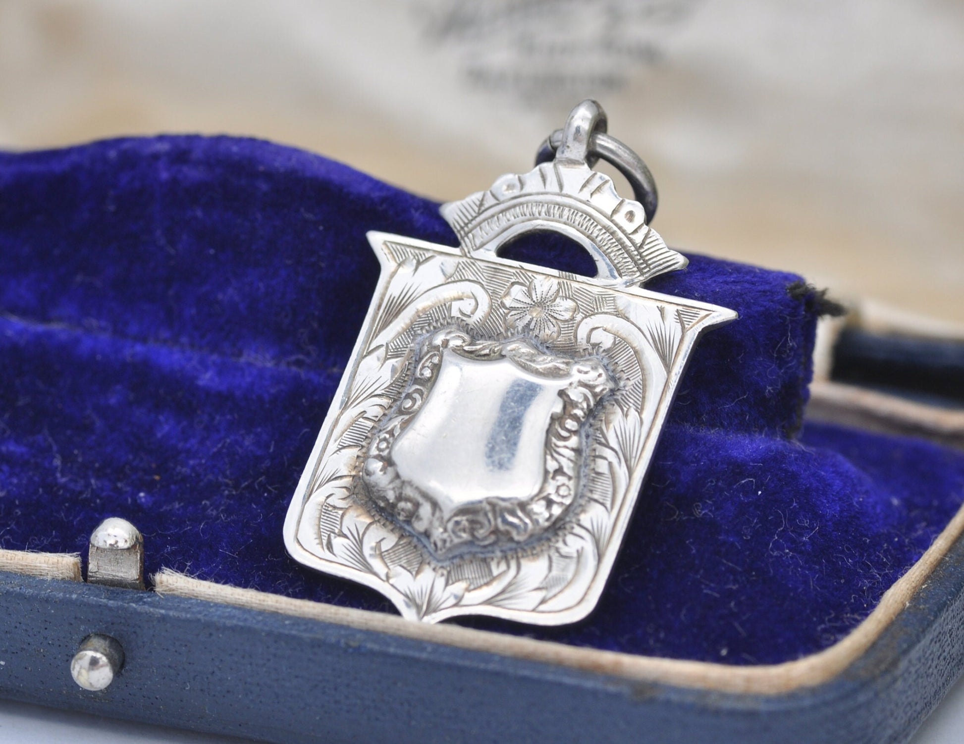 Sterling Silver Fob by James Fenton - True Vintage 1929 | Silver Hallmark | Pocket Watch Fob | Medal | Aesthetic Movement | Flower Engraved