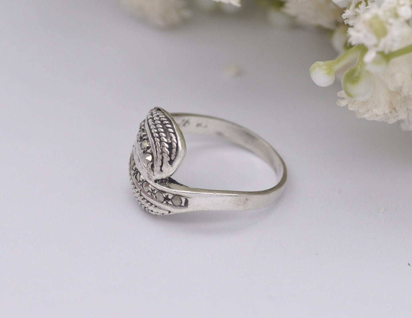 Silver Marcasite Wave Ring - Vintage Art Deco Style | Statement Cocktail | Delicate Twist | 925 Sterling Silver | UK Size K | US Size 5 1/4