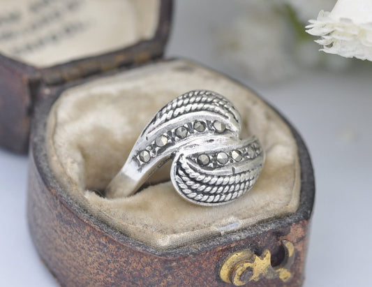 Silver Marcasite Wave Ring - Vintage Art Deco Style | Statement Cocktail | Delicate Twist | 925 Sterling Silver | UK Size K | US Size 5 1/4