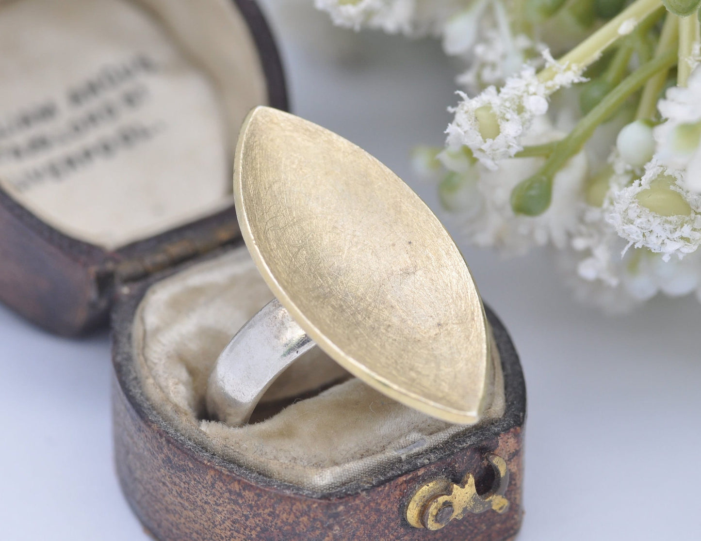 Silver Studio Designer Ring - Gold Plated Leaf | Textured Pointed Oval | Modern | Statement Minimalist | UK Size - M 1/2 | US Size - 6 1/2