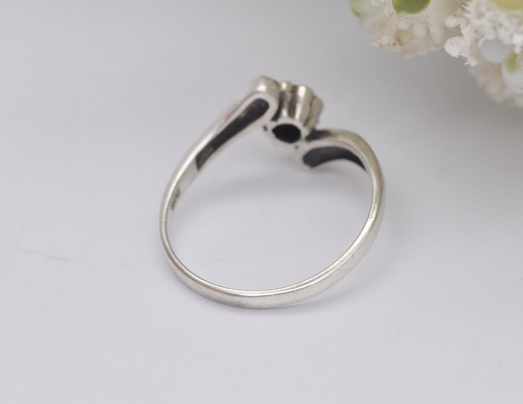Silver Marcasite Bypass Flower Ring - Vintage Art Deco Style | Statement Cocktail | Cluster Band | 925 Sterling | UK Size P | US Size 7 3/4