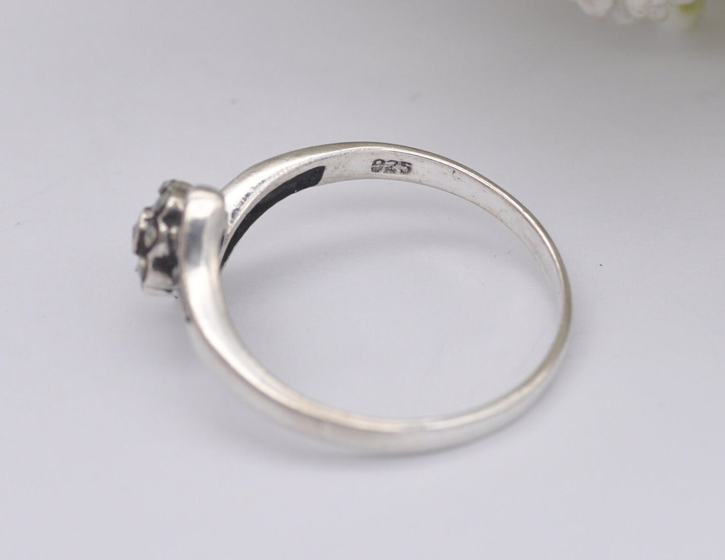 Silver Marcasite Bypass Flower Ring - Vintage Art Deco Style | Statement Cocktail | Cluster Band | 925 Sterling | UK Size P | US Size 7 3/4