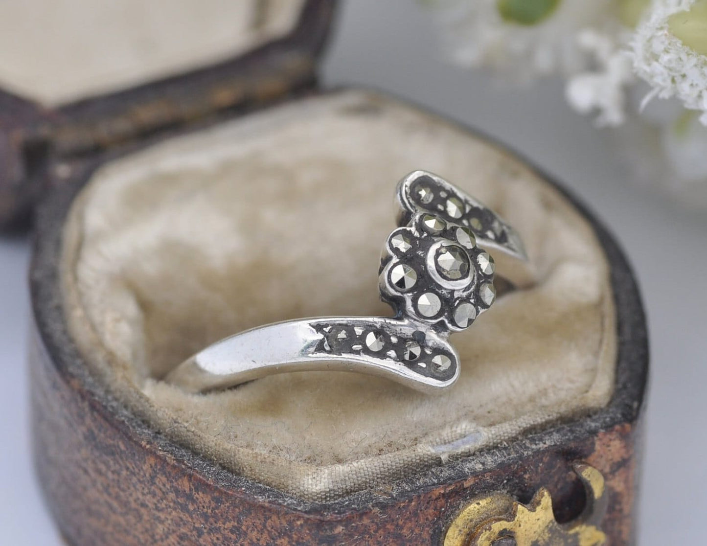 Silver Marcasite Bypass Flower Ring - Vintage Art Deco Style | Statement Cocktail | Cluster Band | 925 Sterling | UK Size P | US Size 7 3/4