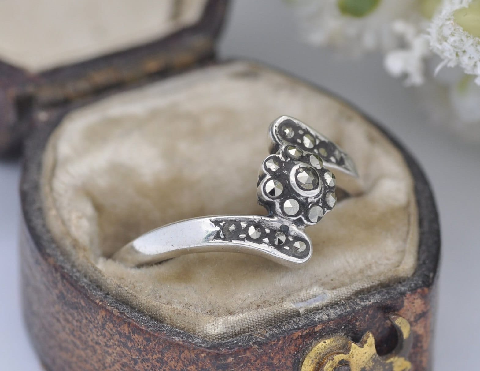 Silver Marcasite Bypass Flower Ring - Vintage Art Deco Style | Statement Cocktail | Cluster Band | 925 Sterling | UK Size P | US Size 7 3/4