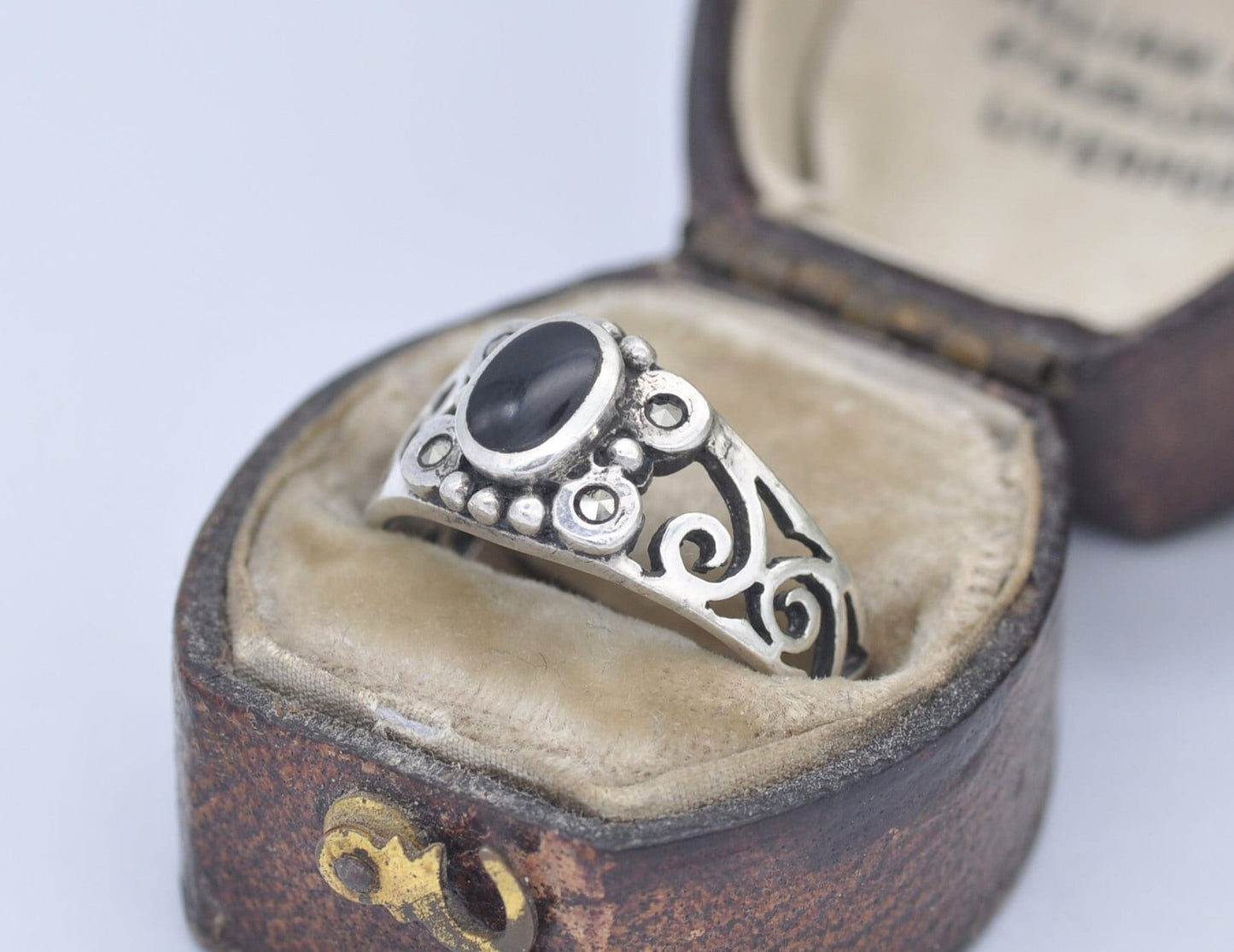 Silver Onyx and Marcasite Ring - Vintage Sterling Silver / Open Work Shoulders / Chunky / Scrolling / UK Size - K 1/2 / US Size - 5 1/2