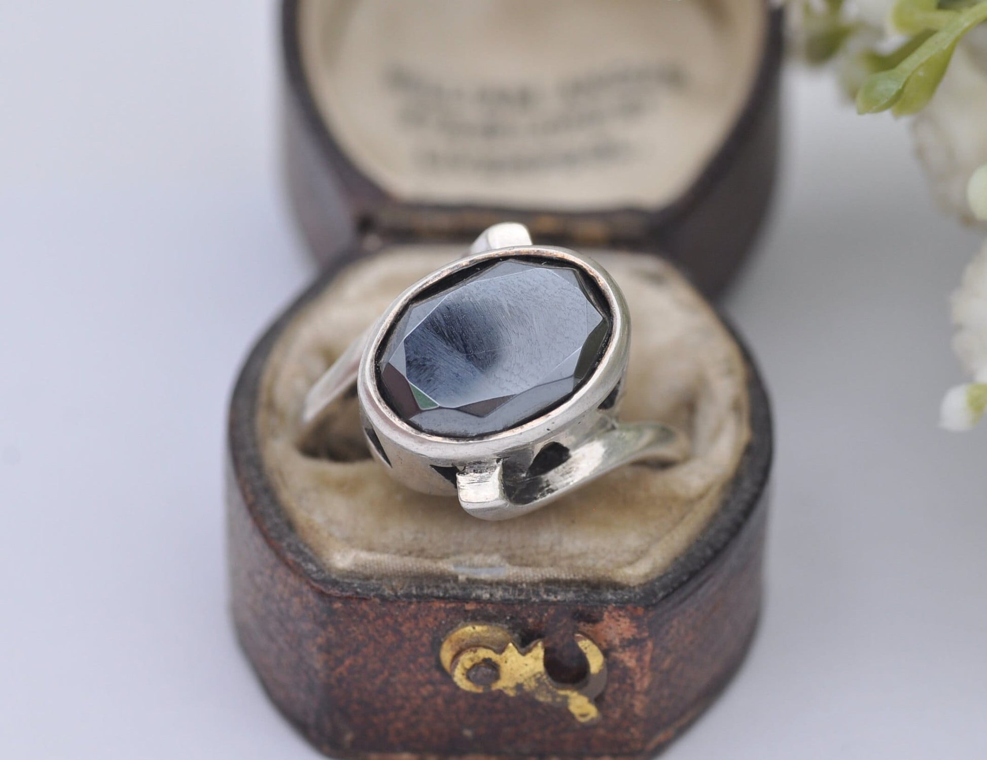 Vintage Sterling Silver Hematite Ring - Mid-Century Modern | 1950s | 1960s | Faceted Gemstone | Chunky | UK Size - P 1/2 | US Size - 7 3/4