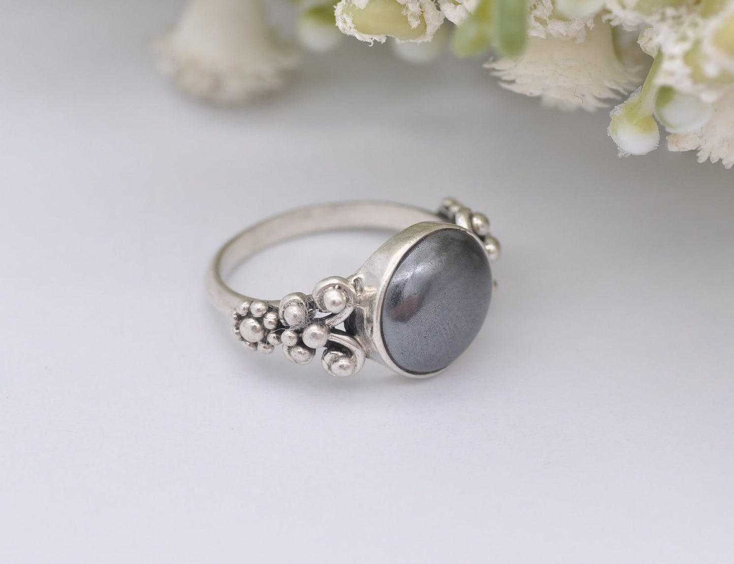 Vintage Sterling Silver and Hematite Ring - Cabochon Gemstone / Everyday Statement Ring / Gift for Her / UK Size - K 1/2 / US Size - 5 1/2