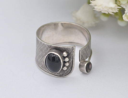 Silver Onyx & Paua Shell Ring Studio Design - Double Stone Feature / Adjustable Unisex / Unusual Ring / Abalone / UK Size - S / US Size - 9