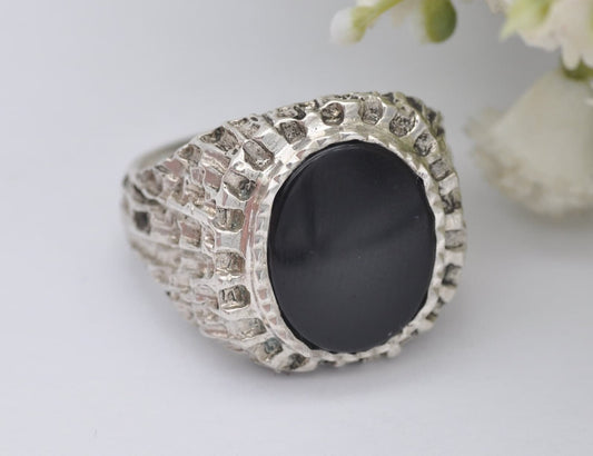 Vintage Brutalist Silver & Onyx Ring - 925 Sterling Silver / Statement Signet / 1950s Mid-Century / Textured / UK Size - R / US Size - 8 1/2