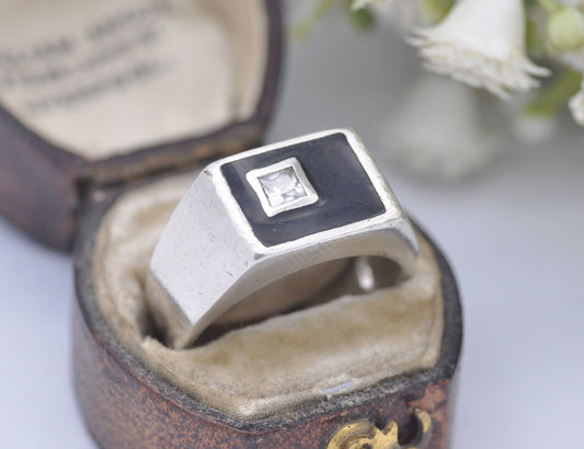 Silver & Onyx Signet Ring with Clear Stone - Vintage 925 Sterling / Statement Signet / Chunky Men's Ring / UK Size - P 1/2 / US Size - 7 3/4