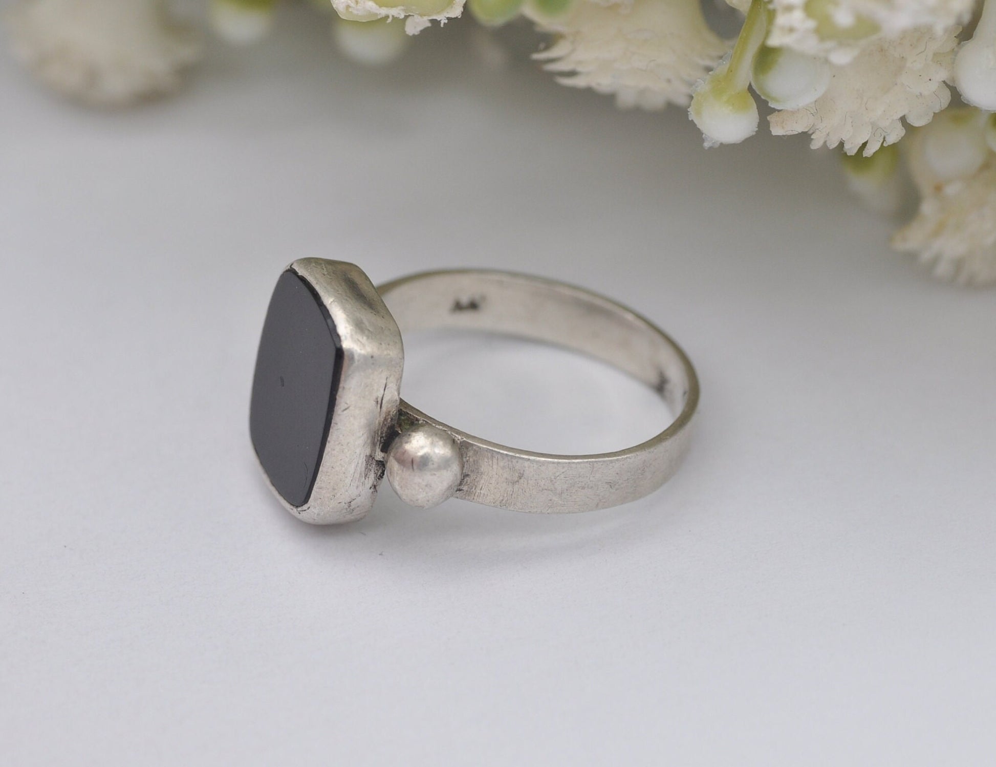 Vintage Sterling Silver and Onyx Statement Ring - 1980 / Chunky Cocktail / 925 / Black Square Stone / Unisex / UK Size - N / US Size - 6 1/2