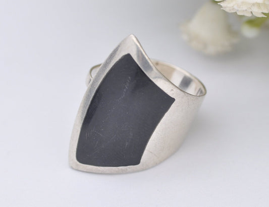 Vintage Sterling Silver & Onyx Ring - Spoon Style Ring / Large Rectangle / Mid-Century Modern / Graduated | UK Size - P 1/2 / US Size - 8