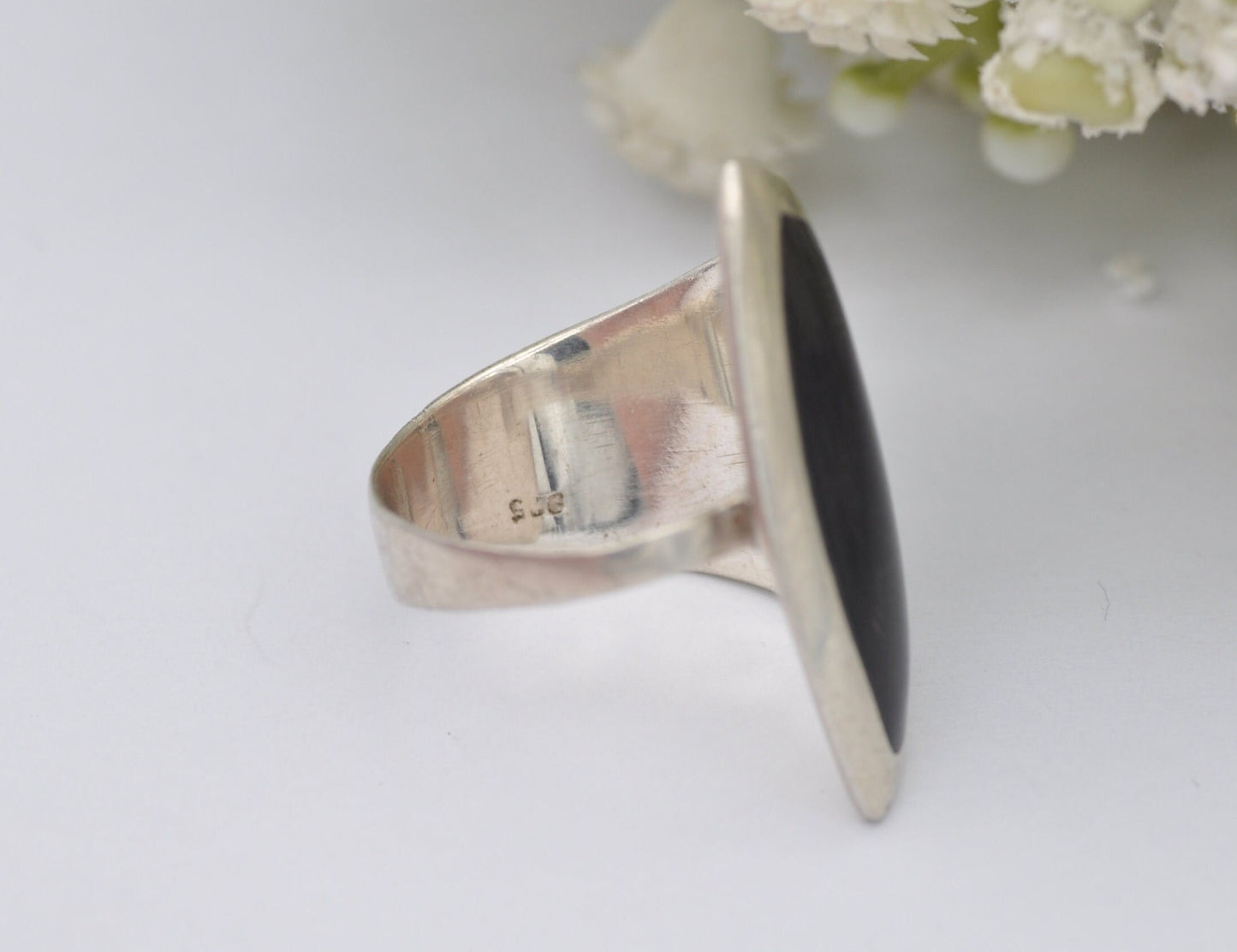 Vintage Sterling Silver & Onyx Ring - Spoon Style Ring / Large Rectangle / Mid-Century Modern / Graduated | UK Size - P 1/2 / US Size - 8