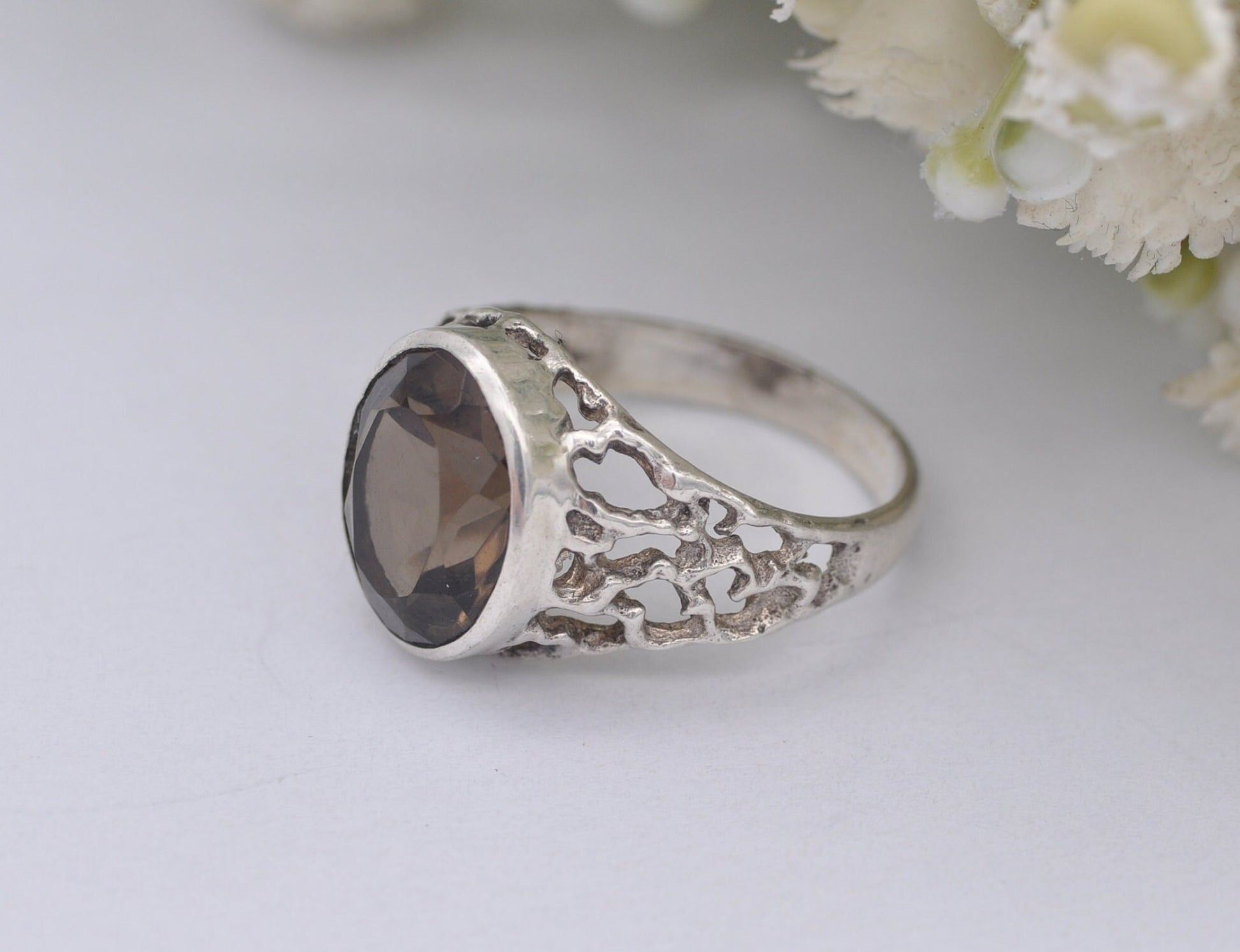 Brutalist Sterling Silver Smoky Quartz Ring Vintage Mid-Century - UK Size - N / US Size - 6 3/4