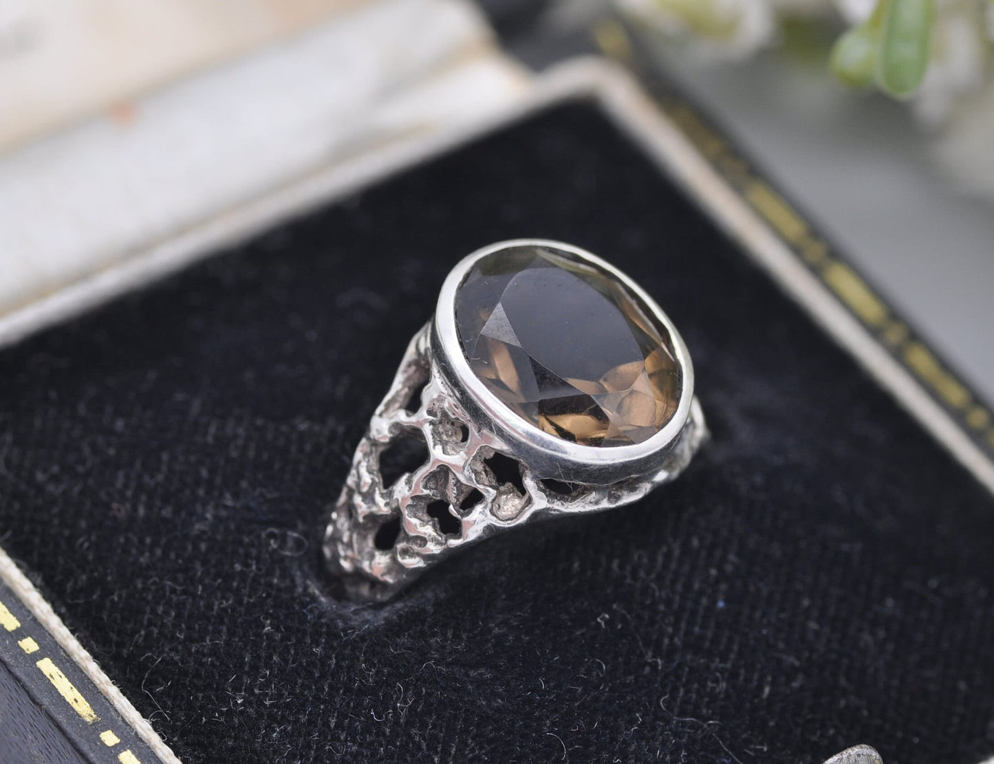 Brutalist Sterling Silver Smoky Quartz Ring Vintage Mid-Century - UK Size - N / US Size - 6 3/4