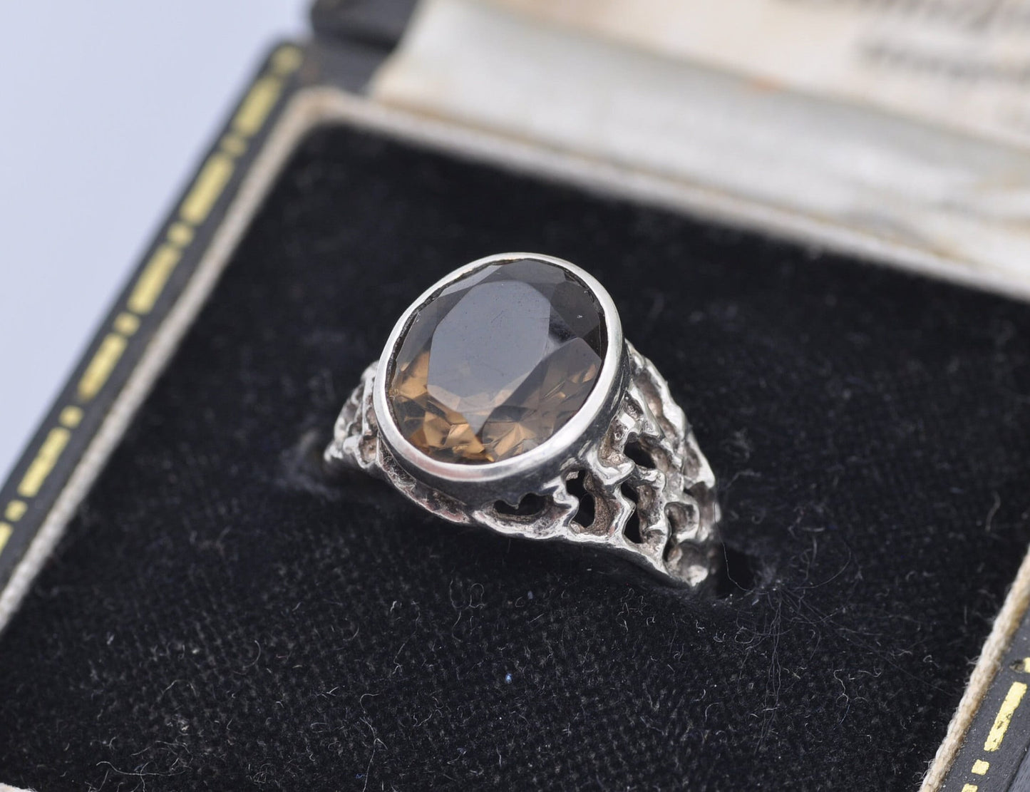 Brutalist Sterling Silver Smoky Quartz Ring Vintage Mid-Century - UK Size - N / US Size - 6 3/4