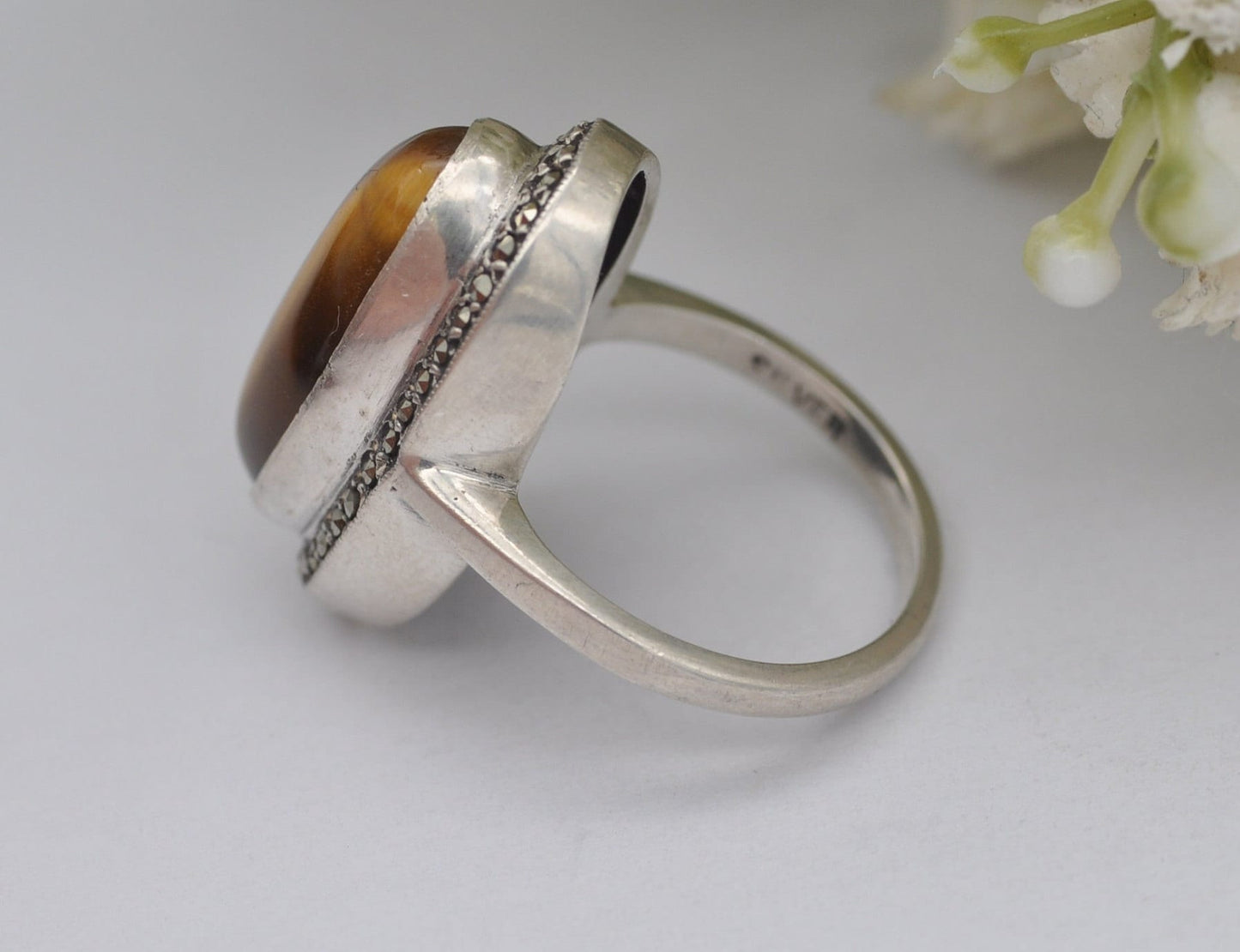 Vintage Sterling Silver Tiger's Eye and Marcasite Ring - UK Size - K / US Size - 5 1/4