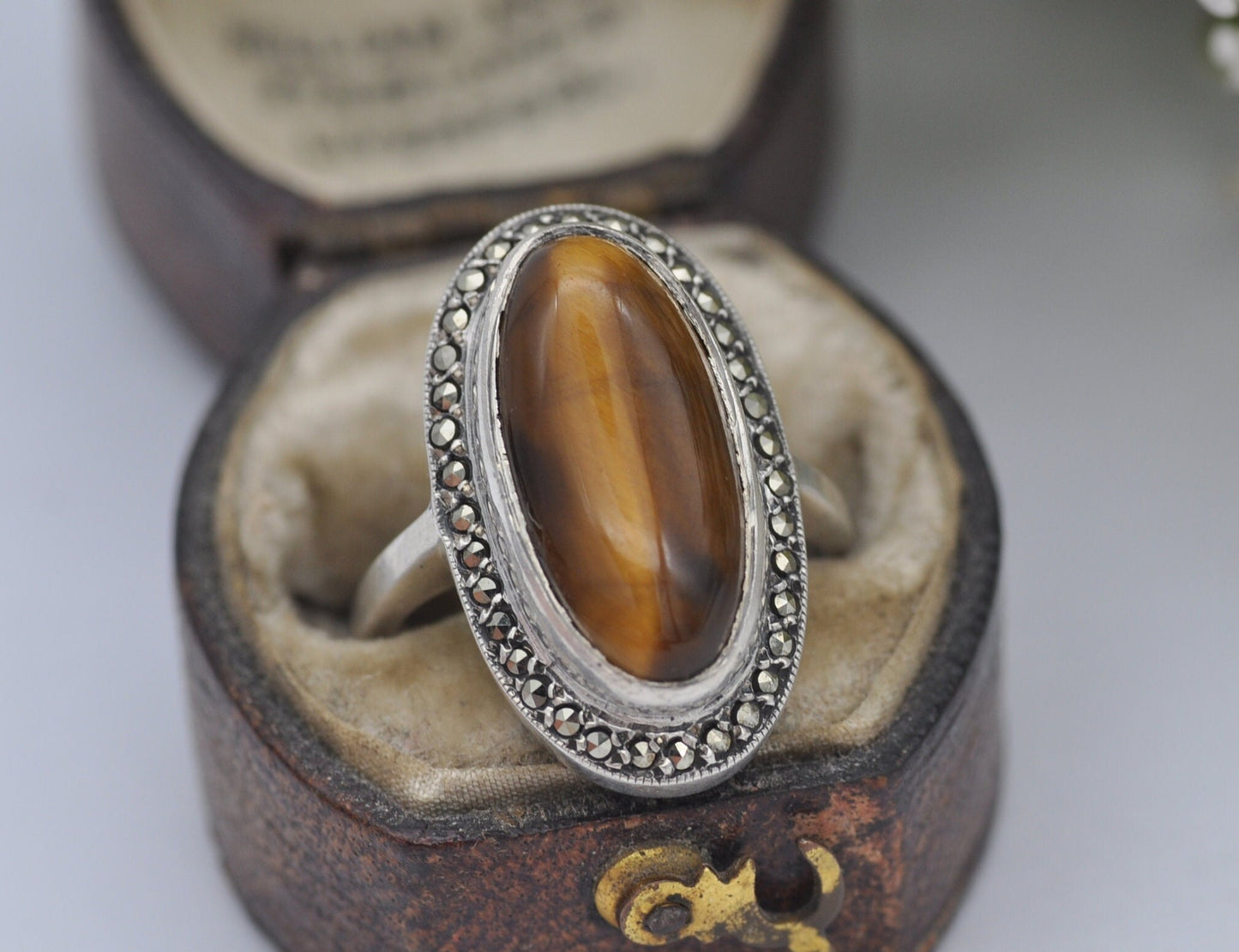 Vintage Sterling Silver Tiger's Eye and Marcasite Ring - UK Size - K / US Size - 5 1/4