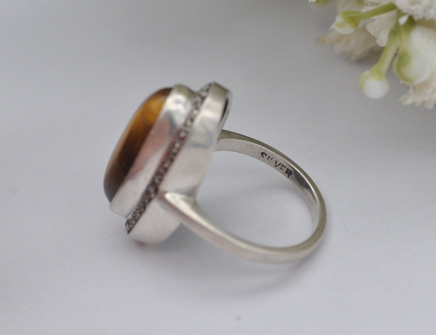 Vintage Sterling Silver Tiger's Eye and Marcasite Ring - UK Size - K / US Size - 5 1/4