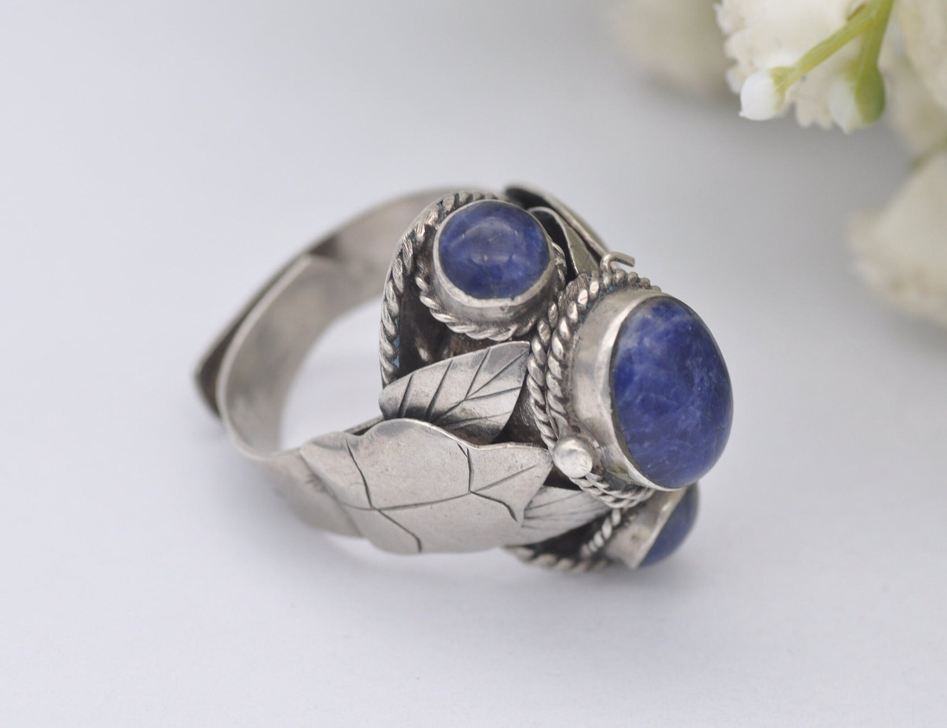 Vintage Mexico Sterling Silver Sodalite Poison Ring - UK Size - R / US Size - 8 1/2