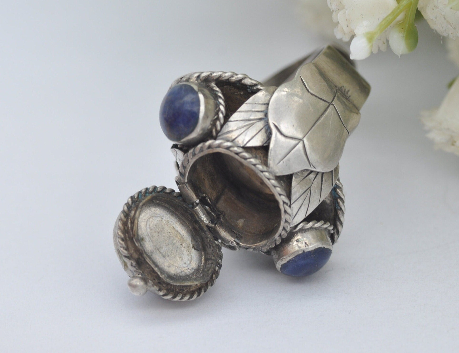 Vintage Mexico Sterling Silver Sodalite Poison Ring - UK Size - R / US Size - 8 1/2