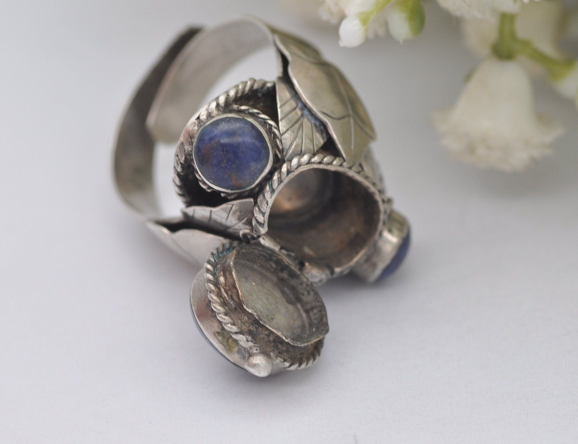 Vintage Mexico Sterling Silver Sodalite Poison Ring - UK Size - R / US Size - 8 1/2