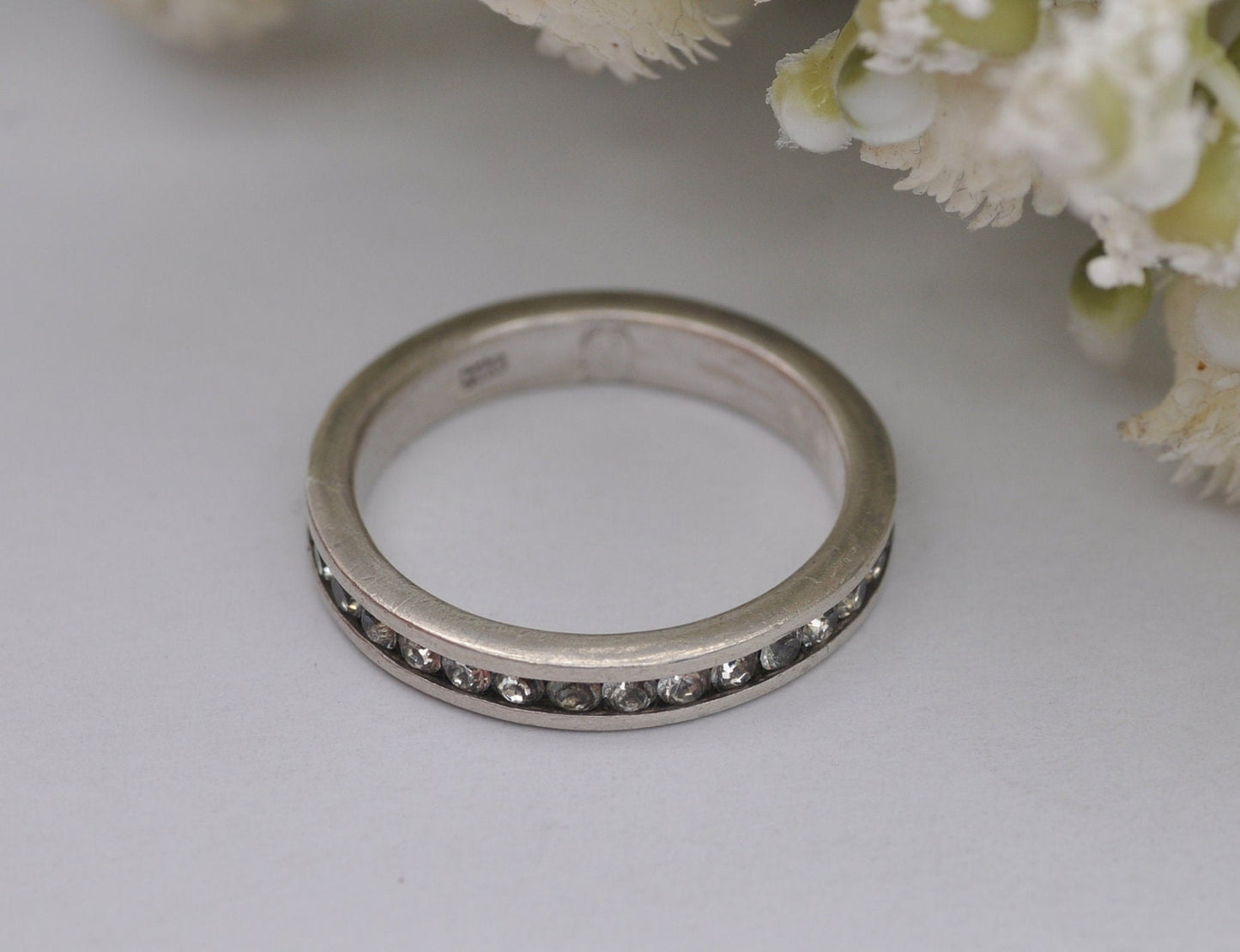 Vintage Sterling Silver Eternity Ring with Channel Set Clear Stones - UK Size - P / US Size - 7 1/2