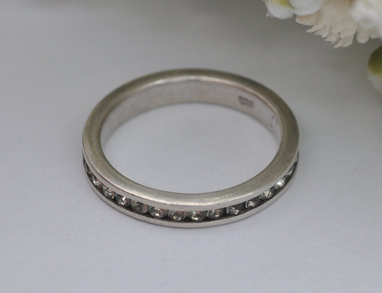 Vintage Sterling Silver Eternity Ring with Channel Set Clear Stones - UK Size - P / US Size - 7 1/2