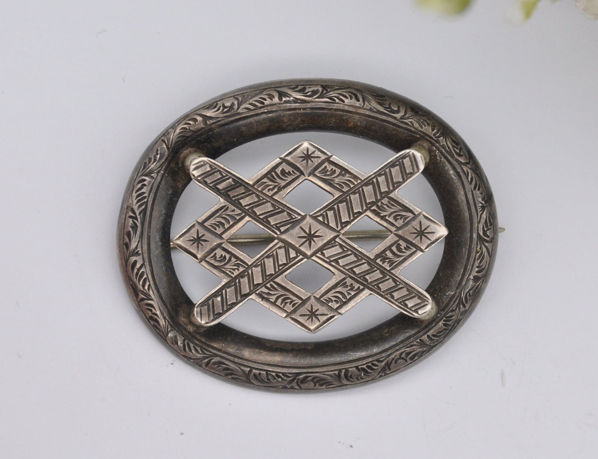 Antique Sterling Silver Victorian Brooch with Aesthetic Movement Engravings