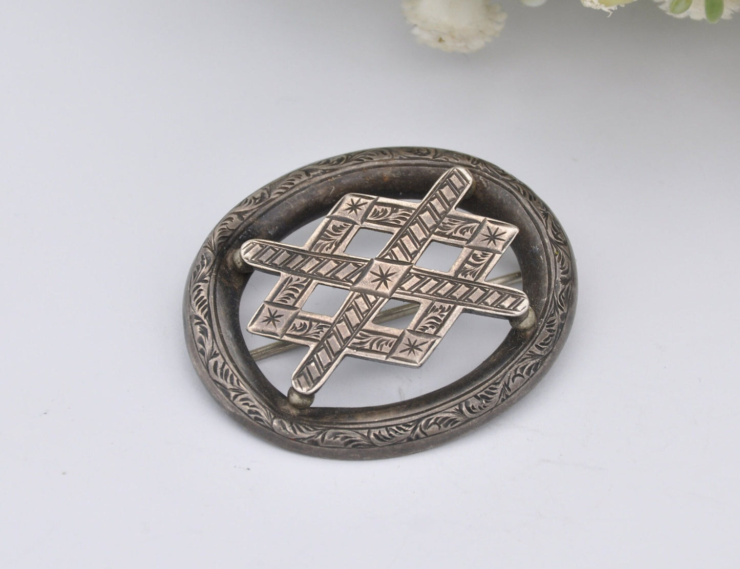 Antique Sterling Silver Victorian Brooch with Aesthetic Movement Engravings