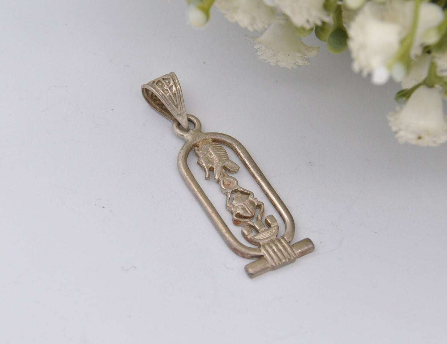 Vintage Sterling Silver Egyptian Cartouche Pendant with Hieroglyphs - Pharaoh & Scarab Beetle