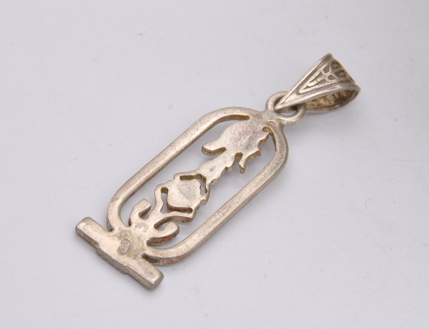 Vintage Sterling Silver Egyptian Cartouche Pendant with Hieroglyphs - Pharaoh & Scarab Beetle