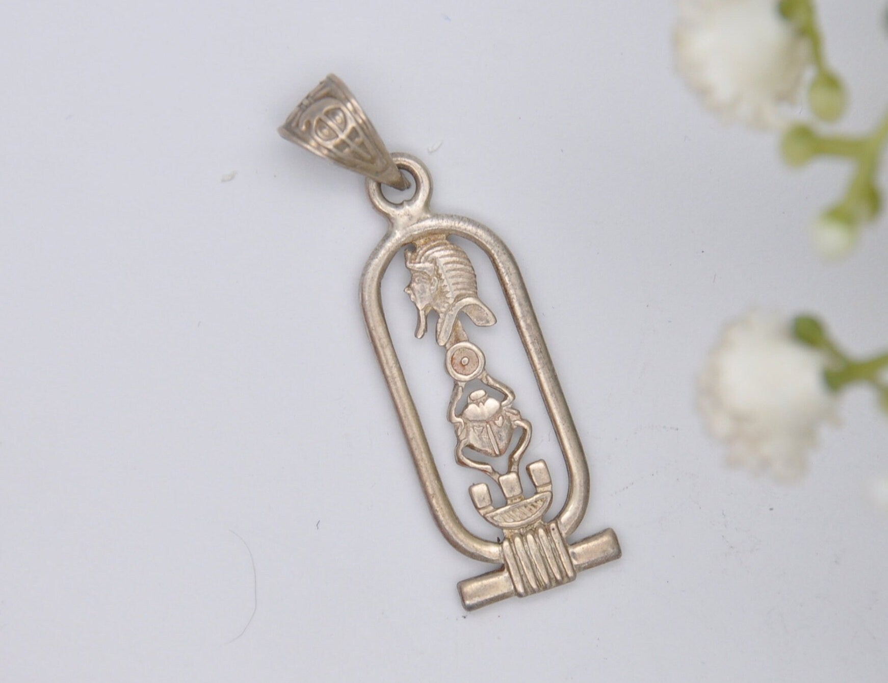 Vintage Sterling Silver Egyptian Cartouche Pendant with Hieroglyphs - Pharaoh & Scarab Beetle