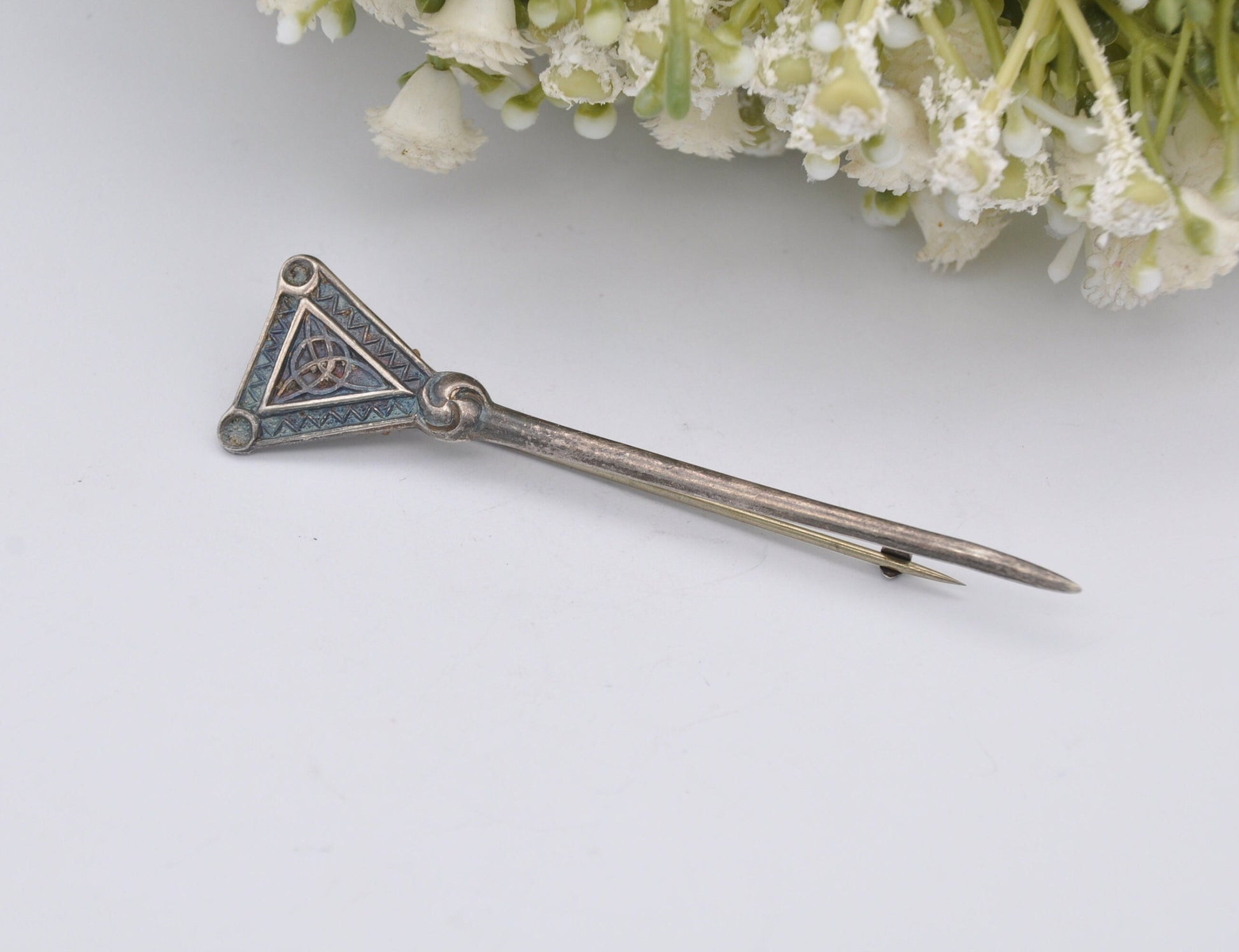 Vintage Scottish Sterling Silver Celtic Bar Brooch by F Narborough - Kilt Pin, 1968