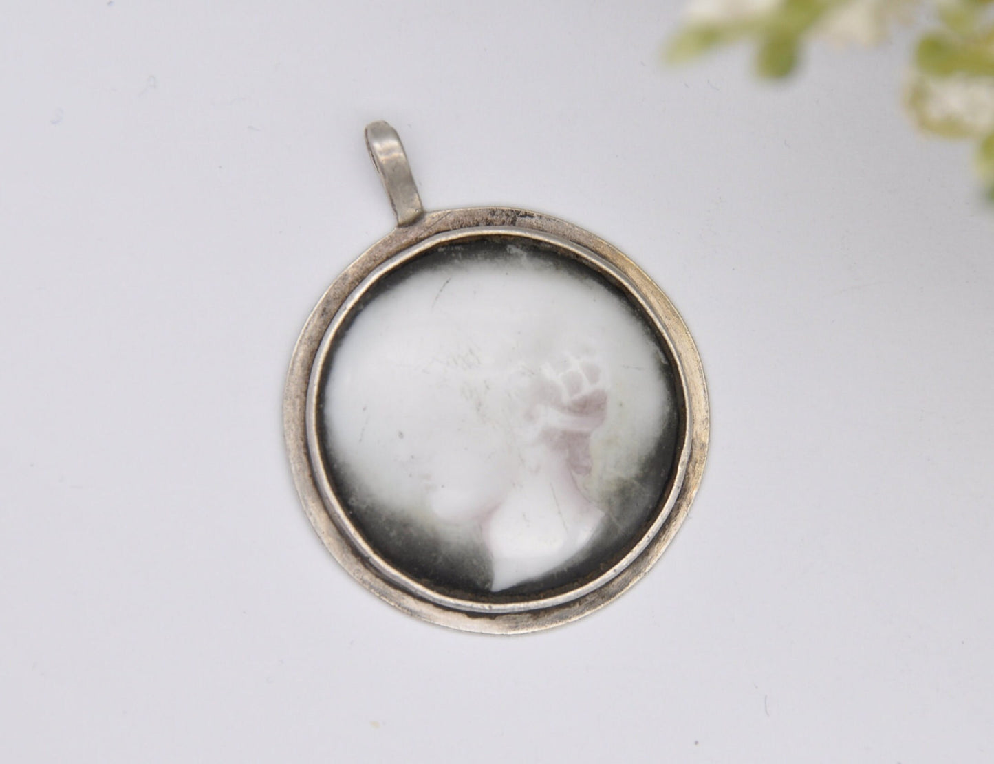 Antique Sterling Silver Sepia Cameo Pendant - Unusual Faded Portrait Image Necklace